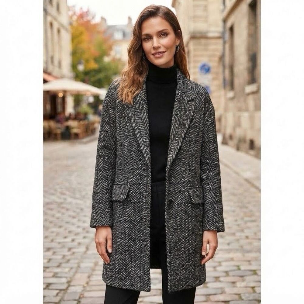 Zara Wool Blend Tweed Coat size M Black Single Breasted Classic Preppy Old Money